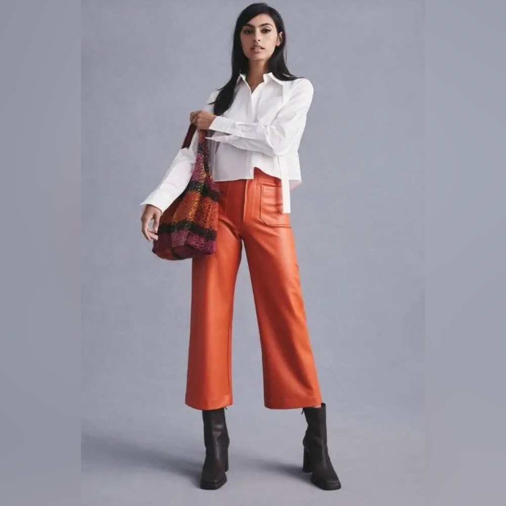 Anthropologie Maeve Collette Orange Vegan Leather Wide Leg Crop Pant